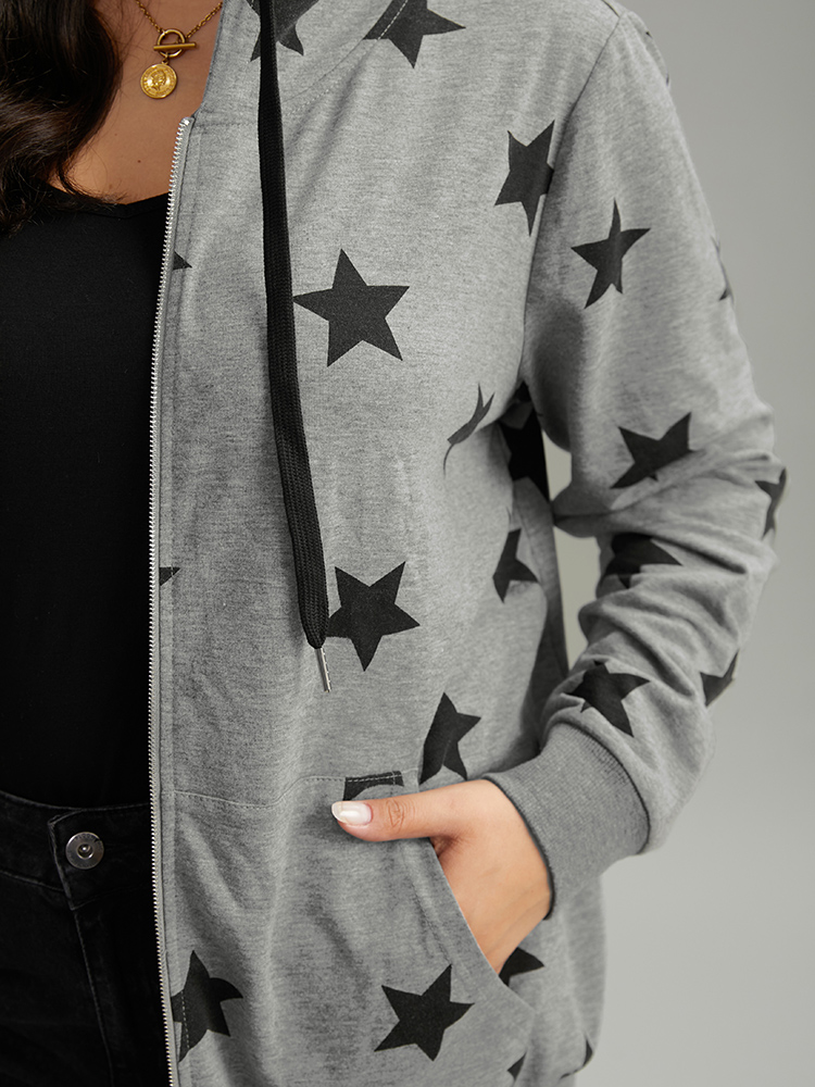 Plus Size Star Print Hooded Ties Pocket Sweatshirt Women Gray Casual Printed Hooded Dailywear Sweatshirts BloomChic 26/4X 