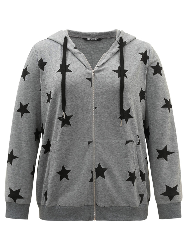 Plus Size Star Print Hooded Ties Pocket Sweatshirt Women Gray Casual Printed Hooded Dailywear Sweatshirts BloomChic 26/4X 