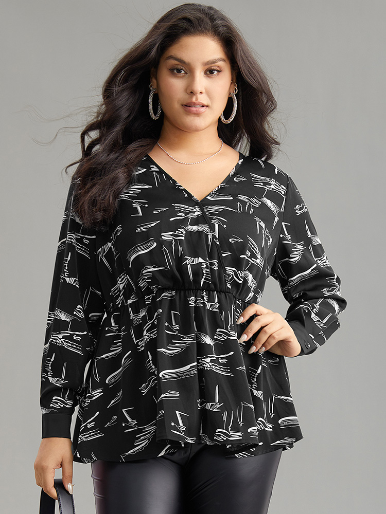 Plus Size Women Work Geometric Gathered Regular Sleeve Long Sleeve Overlap Collar Office Blouses BloomChic 