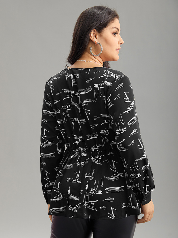 Plus Size Women Work Geometric Gathered Regular Sleeve Long Sleeve Overlap Collar Office Blouses BloomChic 
