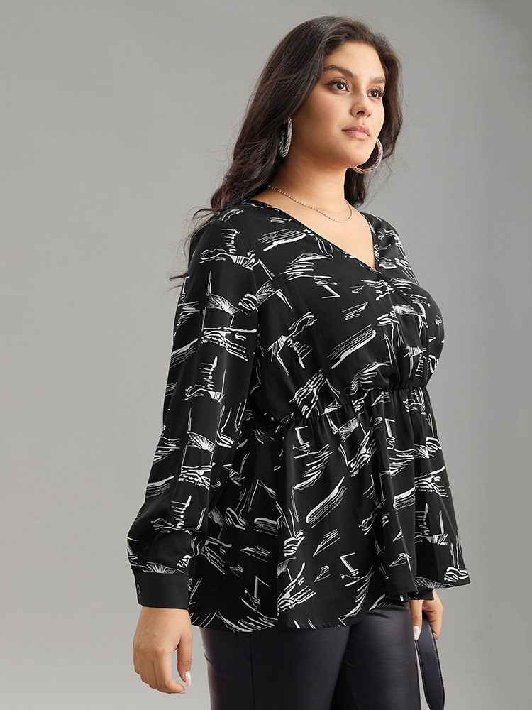 Plus Size Women Work Geometric Gathered Regular Sleeve Long Sleeve Overlap Collar Office Blouses BloomChic 