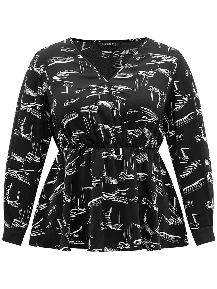 Plus Size Women Work Geometric Gathered Regular Sleeve Long Sleeve Overlap Collar Office Blouses BloomChic 