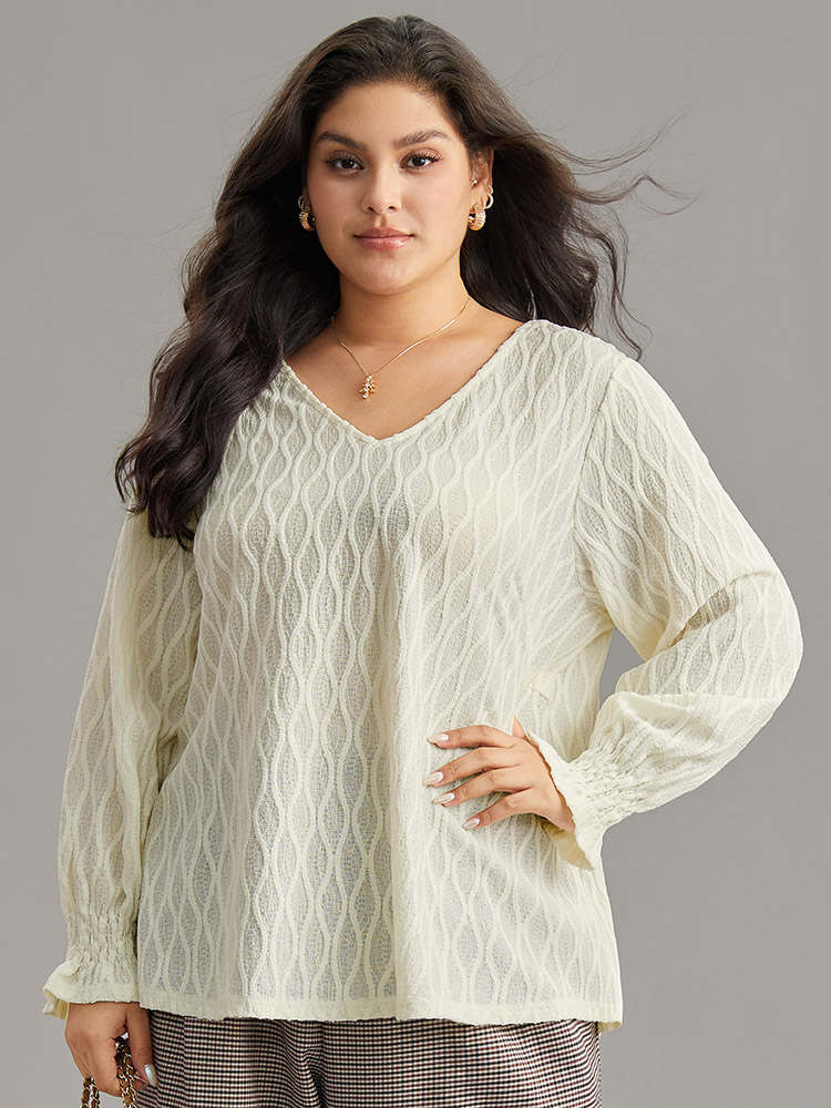 Plus Size Women Work Plain Elastic cuffs Lantern Sleeve Long Sleeve V-neck Office Blouses BloomChic 