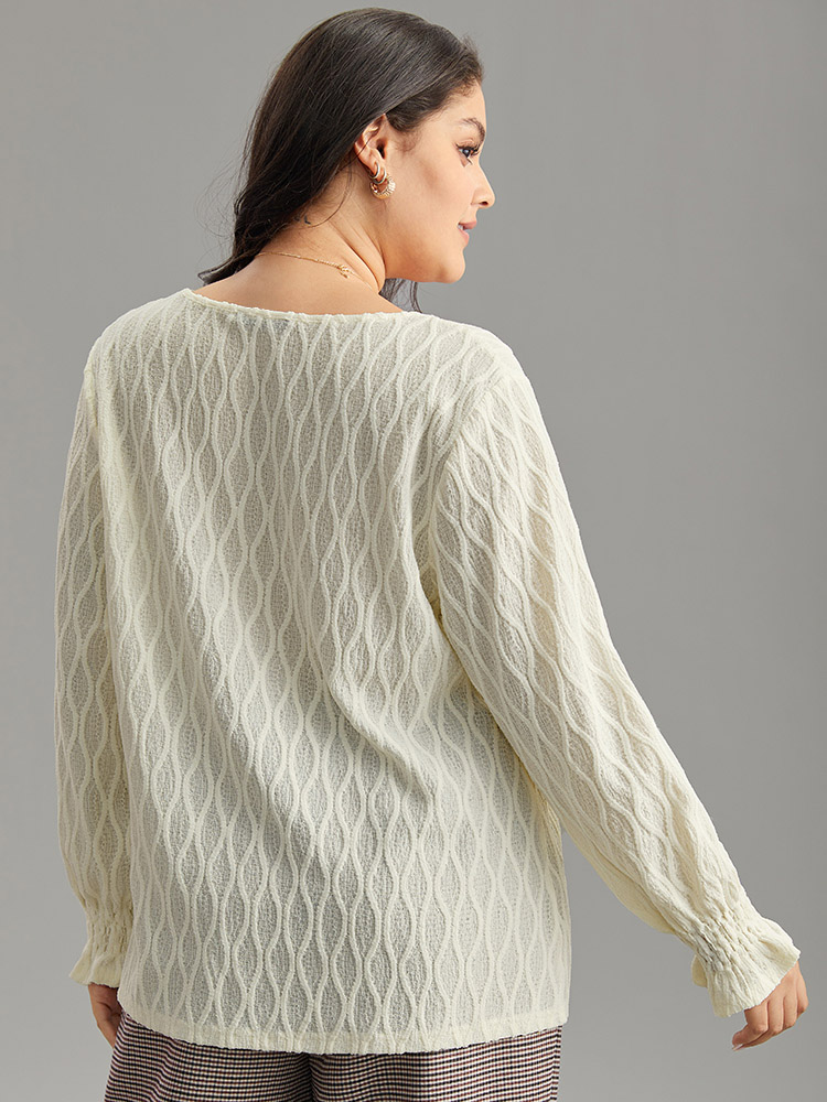 Plus Size Women Work Plain Elastic cuffs Lantern Sleeve Long Sleeve V-neck Office Blouses BloomChic 