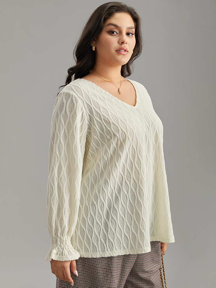 Plus Size Women Work Plain Elastic cuffs Lantern Sleeve Long Sleeve V-neck Office Blouses BloomChic 