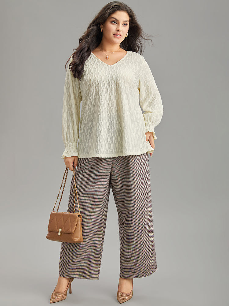 Plus Size Women Work Plain Elastic cuffs Lantern Sleeve Long Sleeve V-neck Office Blouses BloomChic 
