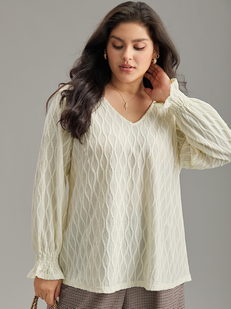 Plus Size Women Work Plain Elastic cuffs Lantern Sleeve Long Sleeve V-neck Office Blouses BloomChic 