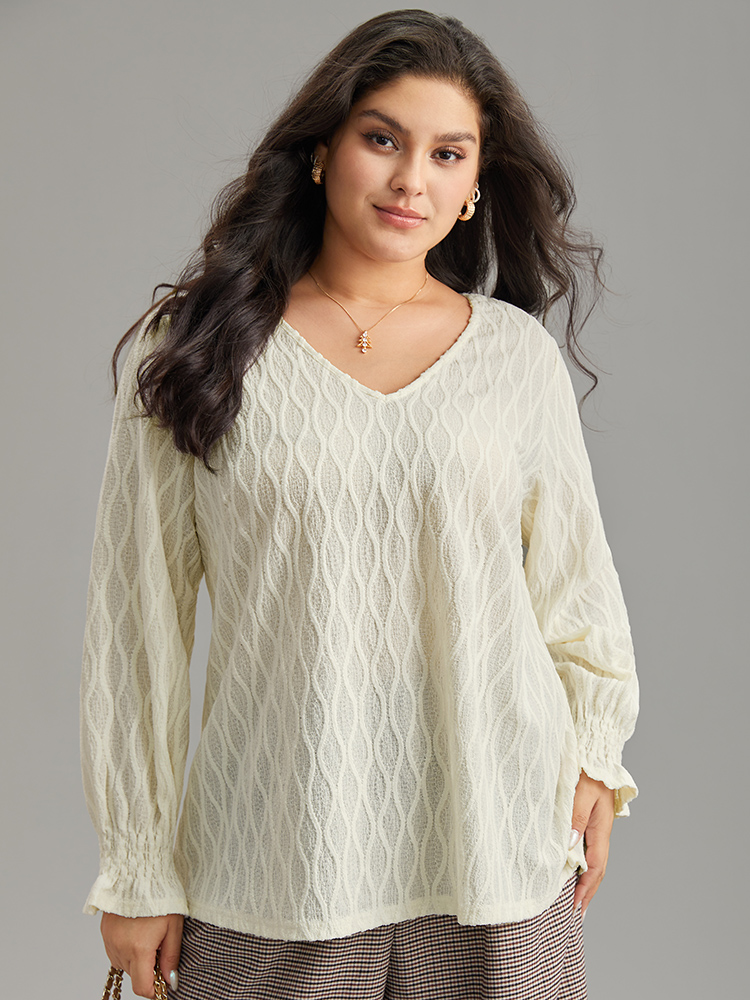 Plus Size Women Work Plain Elastic cuffs Lantern Sleeve Long Sleeve V-neck Office Blouses BloomChic 