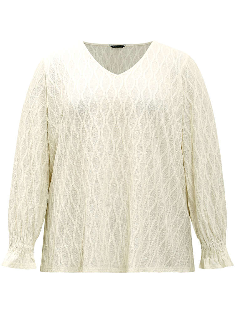 Plus Size Women Work Plain Elastic cuffs Lantern Sleeve Long Sleeve V-neck Office Blouses BloomChic 