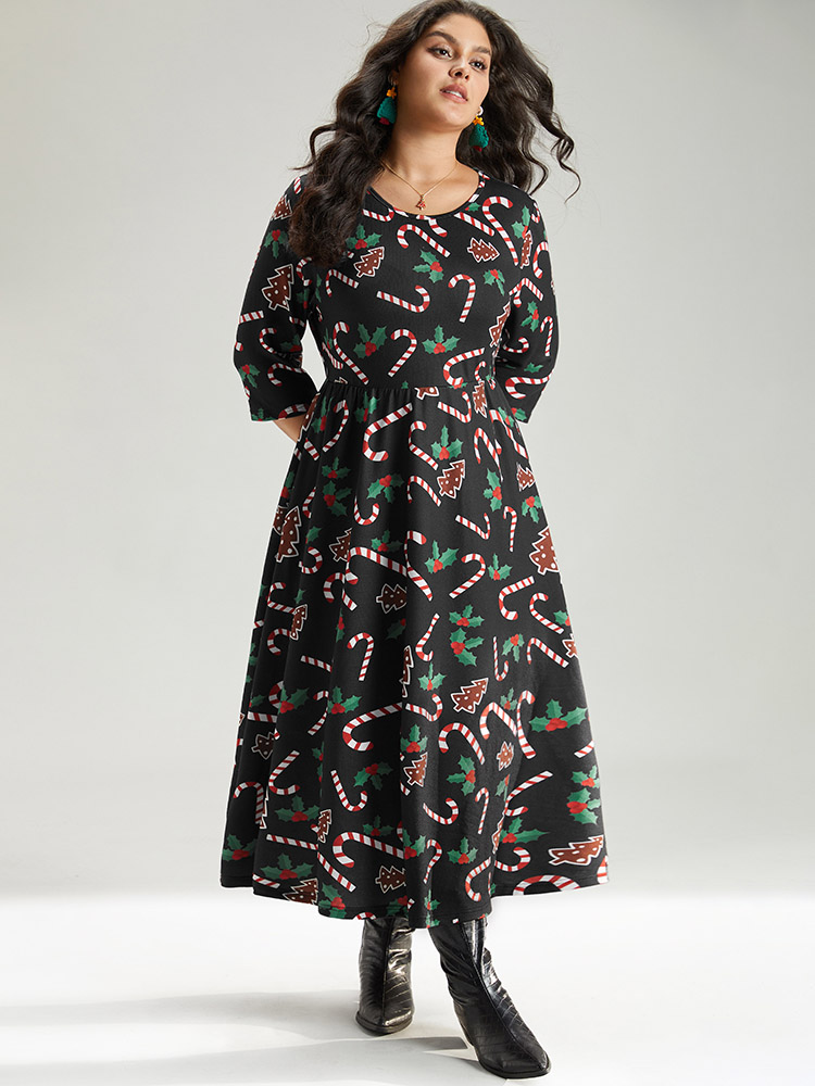 

Plus Size Christmas Print Pocket Elastic Waist Dress Black Women Casual Printed Round Neck Long Sleeve Curvy Midi Dress BloomChic