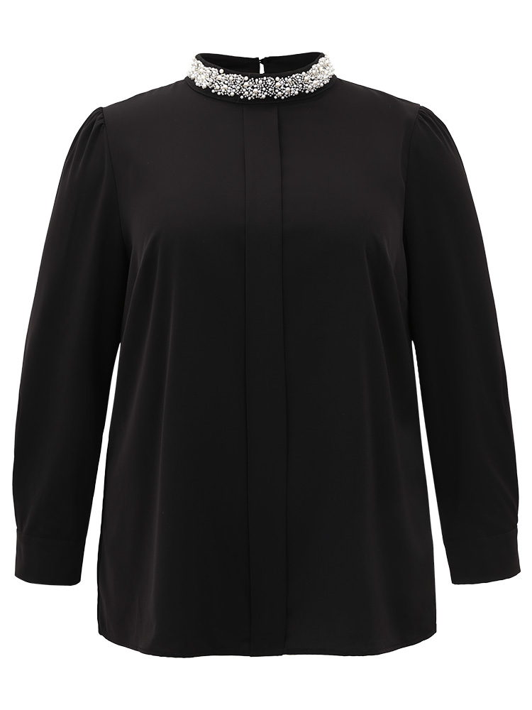 

Plus Size Black Anti-Wrinkle Pearl Beaded Contrast Webbing Blouse Women Glamour Long Sleeve Round Neck Going out Blouses BloomChic