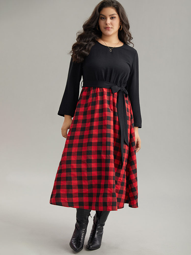 

Plus Size Plaid Patchwork Contrast Round Neck Belted Dress Black Women Casual Belted Round Neck Long Sleeve Curvy Midi Dress BloomChic