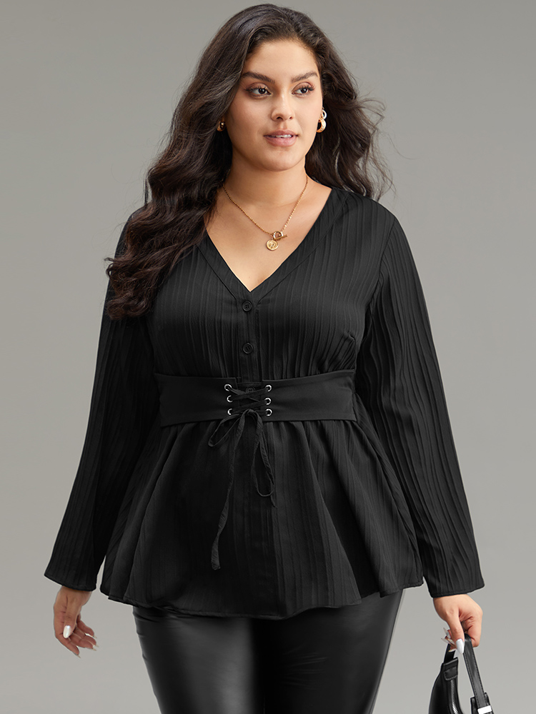 

Plus Size Black Solid Textured Button Detail Lace Up Blouse Women At the Office Long Sleeve V-neck Work Blouses BloomChic