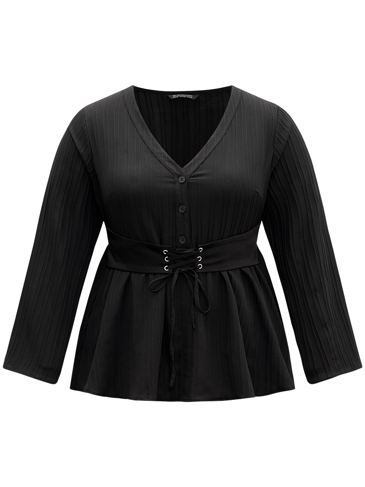 

Plus Size Black Solid Textured Button Detail Lace Up Blouse Women At the Office Long Sleeve V-neck Work Blouses BloomChic