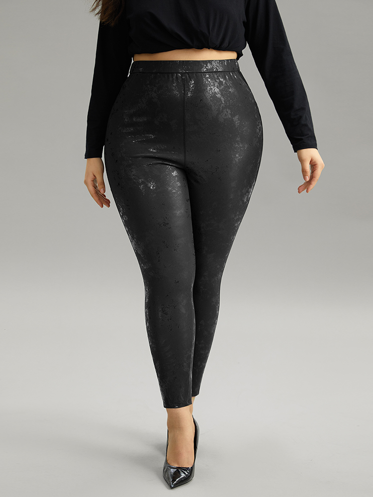 Plus Size Vintage PU Leather Glitter Skinny Leggings Women Black Party High stretch Skinny High Rise Going out Leggings BloomChic 18-20/2X 