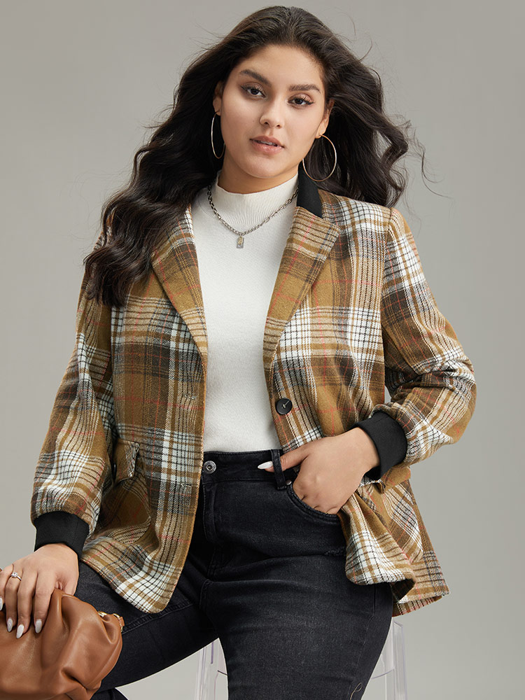 Plus Size Women Work Plaid Contrast Regular Sleeve Long Sleeve Lapel Collar Pocket Office Blazers BloomChic 