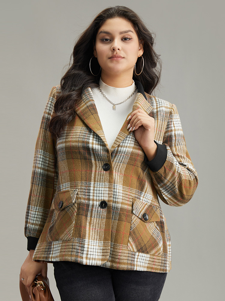 

Plus Size Lapel Collar Plaid Button Up Blazer Bronze Women Work Plaid Contrast Sleeve Long Sleeve Lapel Collar  Pocket Office Blazers BloomChic