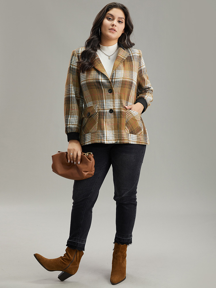 Plus Size Women Work Plaid Contrast Regular Sleeve Long Sleeve Lapel Collar Pocket Office Blazers BloomChic 
