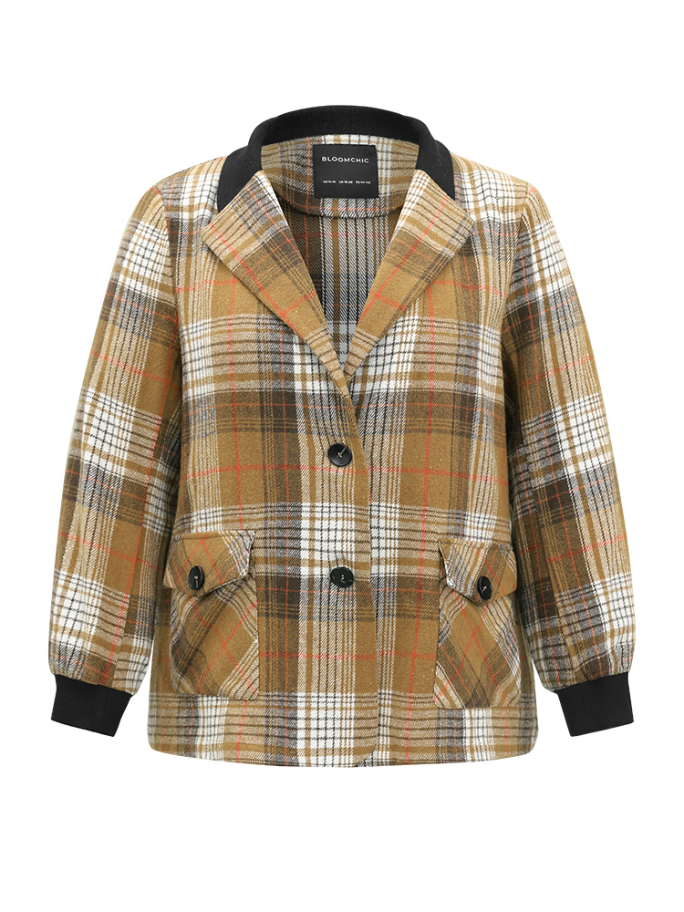 Plus Size Women Work Plaid Contrast Regular Sleeve Long Sleeve Lapel Collar Pocket Office Blazers BloomChic 