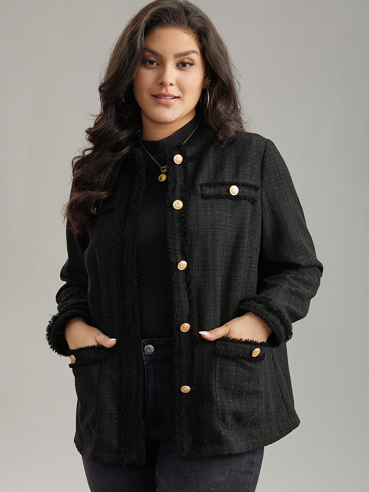 

Plus Size Fuzzy Trim Pocket Metal Button Fly Jacket Women Black Casual Plain Ladies Everyday Winter Coats BloomChic