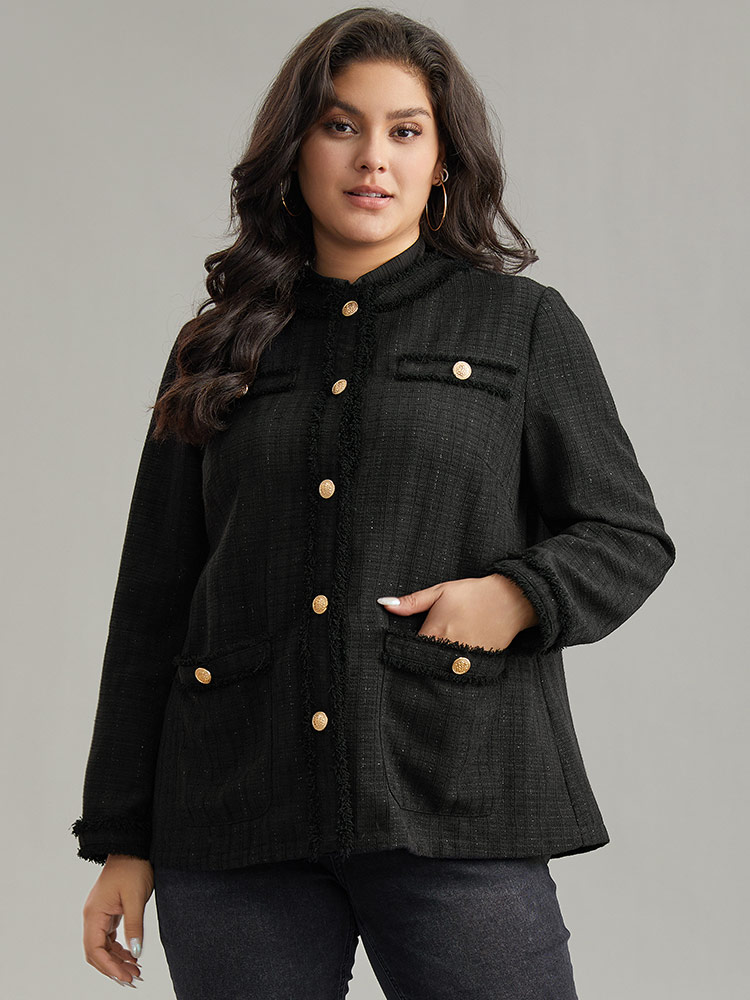 

Plus Size Fuzzy Trim Pocket Metal Button Fly Jacket Women Black Casual Plain Ladies Everyday Winter Coats BloomChic