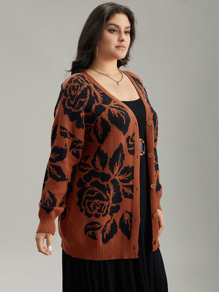 

Plus Size Supersoft Essentials Silhouette Floral Print Button Fly Cardigan Chocolate Women Casual Loose Long Sleeve Dailywear Cardigans BloomChic