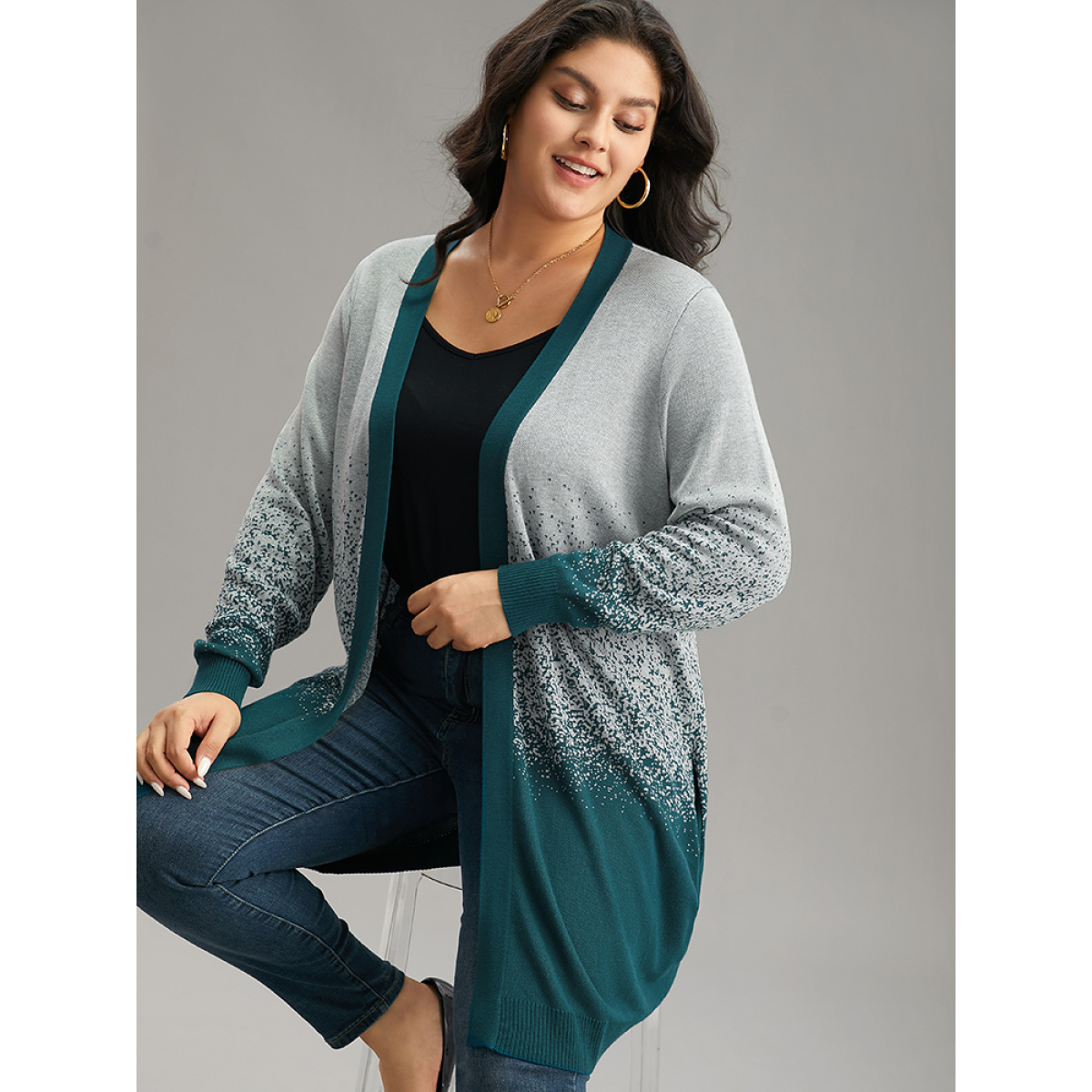 

Plus Size Ombre Heather Contrast Open Front Cardigan Cyan Women Casual Loose Long Sleeve Dailywear Cardigans BloomChic