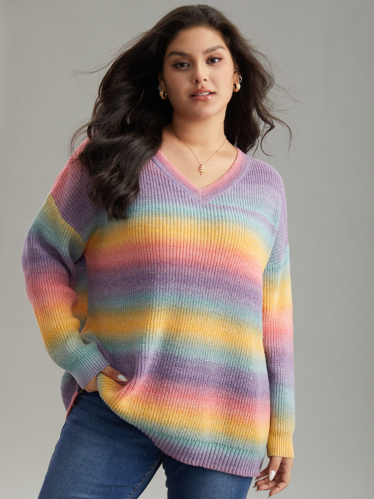 

Plus Size Rainbow Ombre V Neck Loose Pullover Multicolor Women Casual Loose Long Sleeve V-neck Everyday Pullovers BloomChic