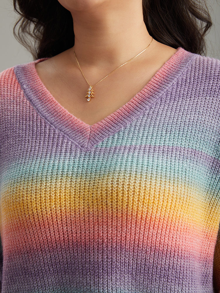 

Plus Size Rainbow Ombre V Neck Loose Pullover Multicolor Women Casual Loose Long Sleeve V-neck Everyday Pullovers BloomChic