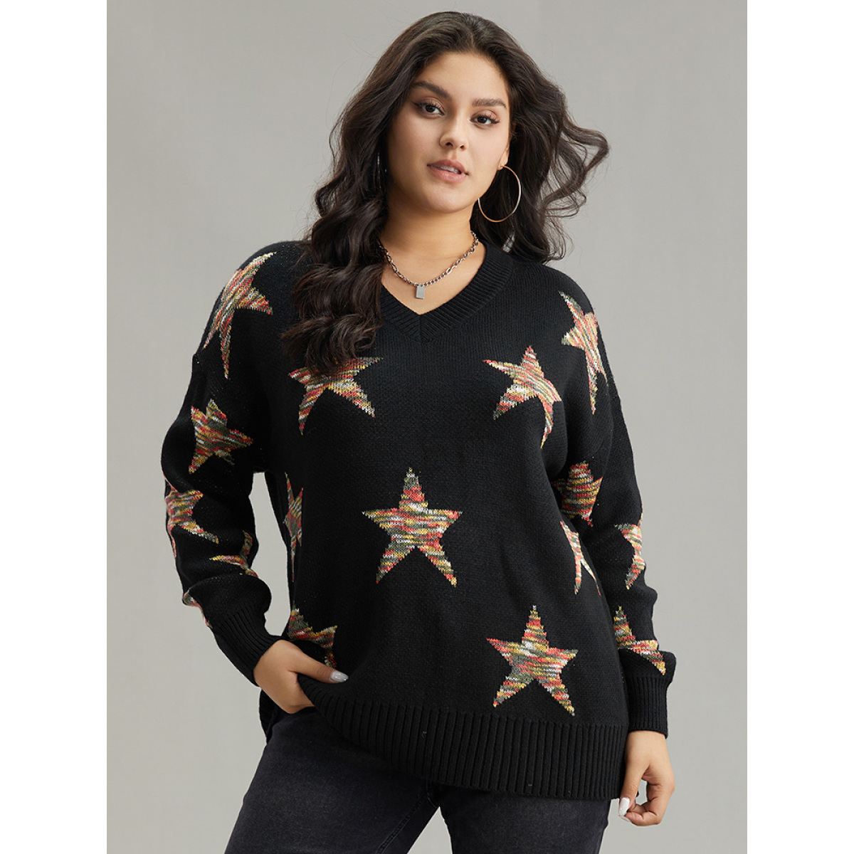 

Plus Size Star Heather Elastic Cuffs Pullover Black Women Casual Loose Long Sleeve V-neck Dailywear Pullovers BloomChic