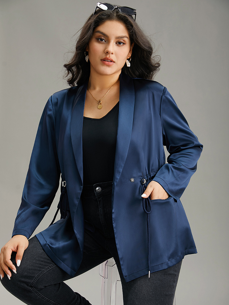 

Plus Size Suit Collar Flap Pocket Drawstring Ties Blazer DarkBlue Women Work Plain Plain Sleeve Long Sleeve Suit Collar  Pocket Work From Home Blazers BloomChic