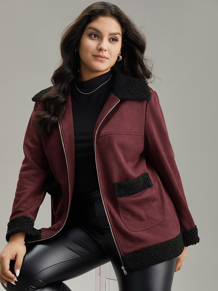 

Plus Size Fuzzy Trim Patched Pocket Zipper Jacket Women Burgundy Contrast Pocket Dailywear Jackets BloomChic