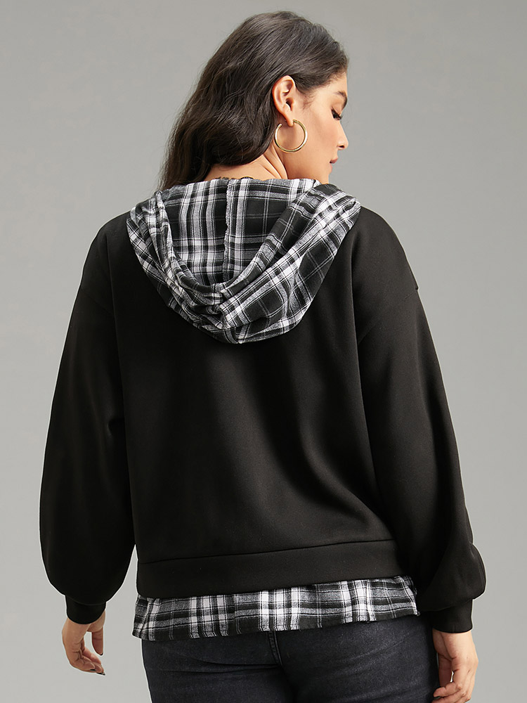 

Plus Size Plaid Patchwork O Ring Zipper Hooded Drawstring Jacket Women Black Contrast Dailywear Jackets BloomChic