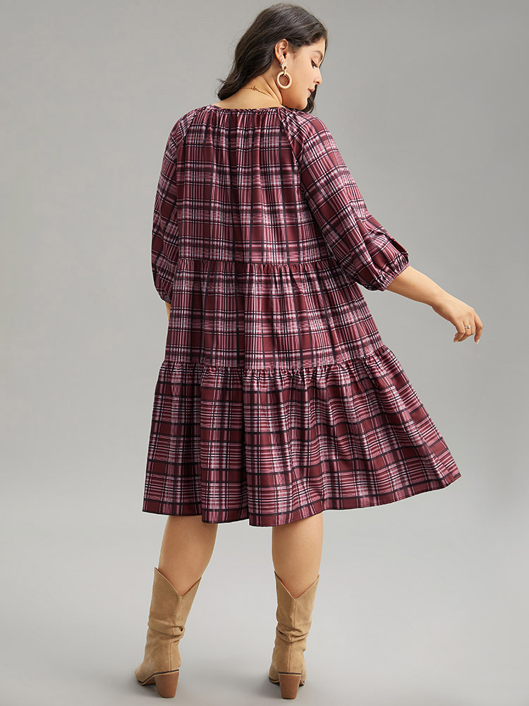 

Plus Size Plaid Tie Neck Ruffle Layered Hem Dress Russet Women Vacation Elastic cuffs Tie Neck Elbow-length sleeve Curvy Midi Dress BloomChic