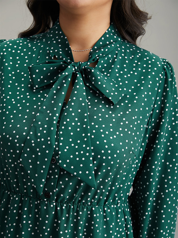 

Plus Size Polka Dot Ties Bowknot Elastic Waist Button Up Dress DarkGreen Women Office Elastic cuffs Tie Neck Elbow-length sleeve Curvy Midi Dress BloomChic