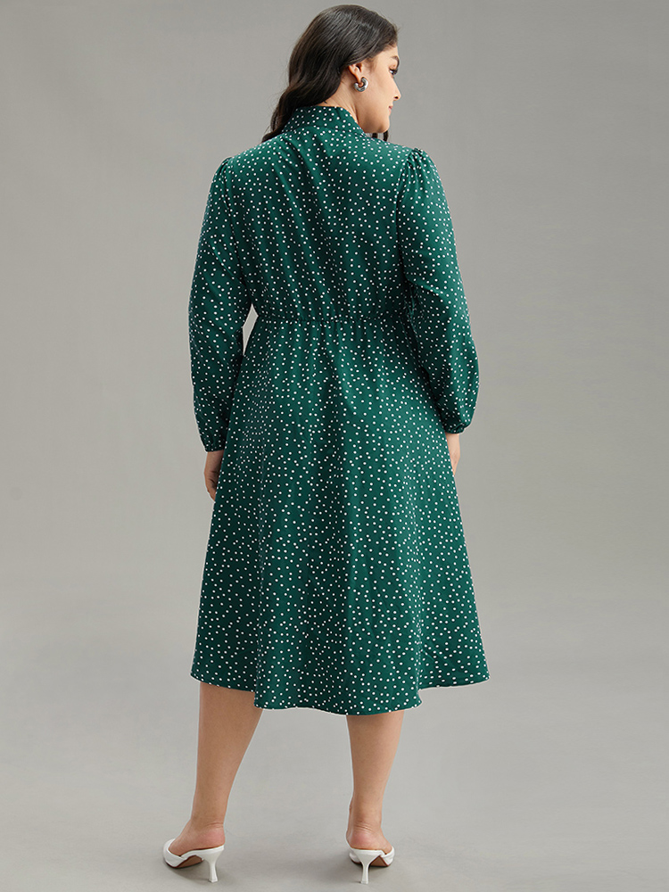 

Plus Size Polka Dot Ties Bowknot Elastic Waist Button Up Dress DarkGreen Women Office Elastic cuffs Tie Neck Elbow-length sleeve Curvy Midi Dress BloomChic