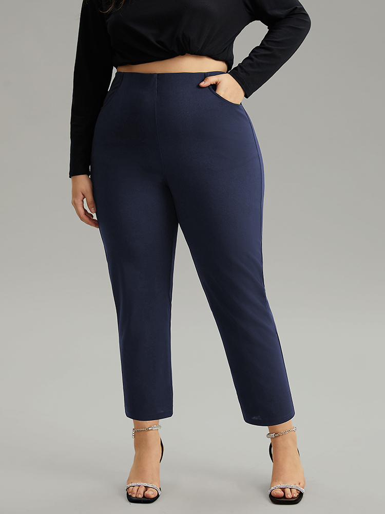 

Plus Size Plain Pocket Bodycon Ankle Pants Women Indigo Work From Home Bodycon High Rise Work Pants BloomChic