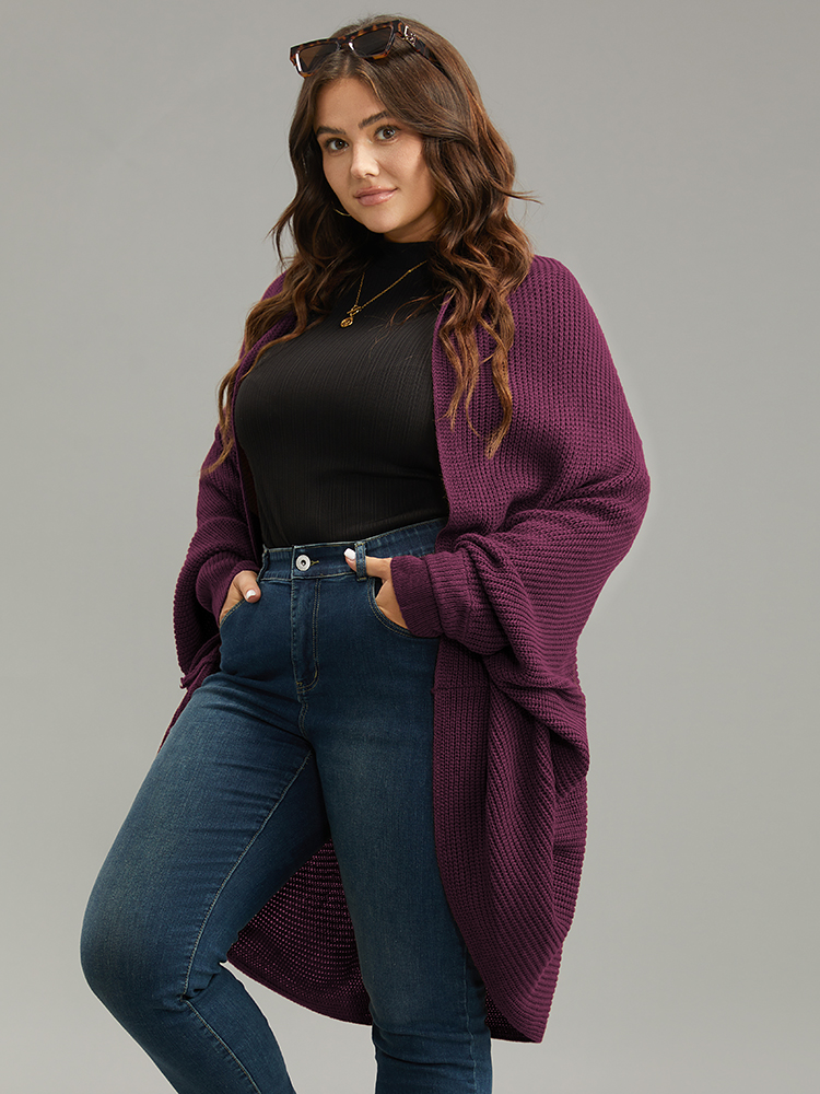 

Plus Size Solid Dolman Sleeve Arc Hem Cardigan Burgundy Women Casual Loose Long Sleeve Dailywear Cardigans BloomChic