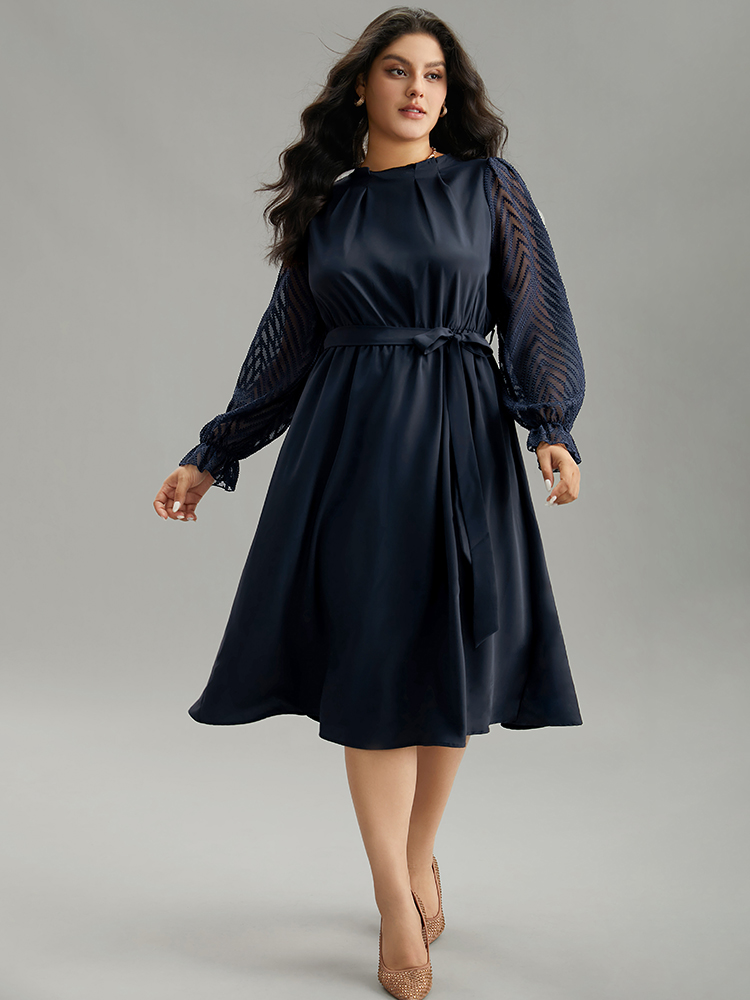 

Plus Size Twill Mesh Patchwork Belted Plicated Detail Dress DarkBlue Women Elegant Texture Mock Neck Long Sleeve Curvy Midi Dress BloomChic