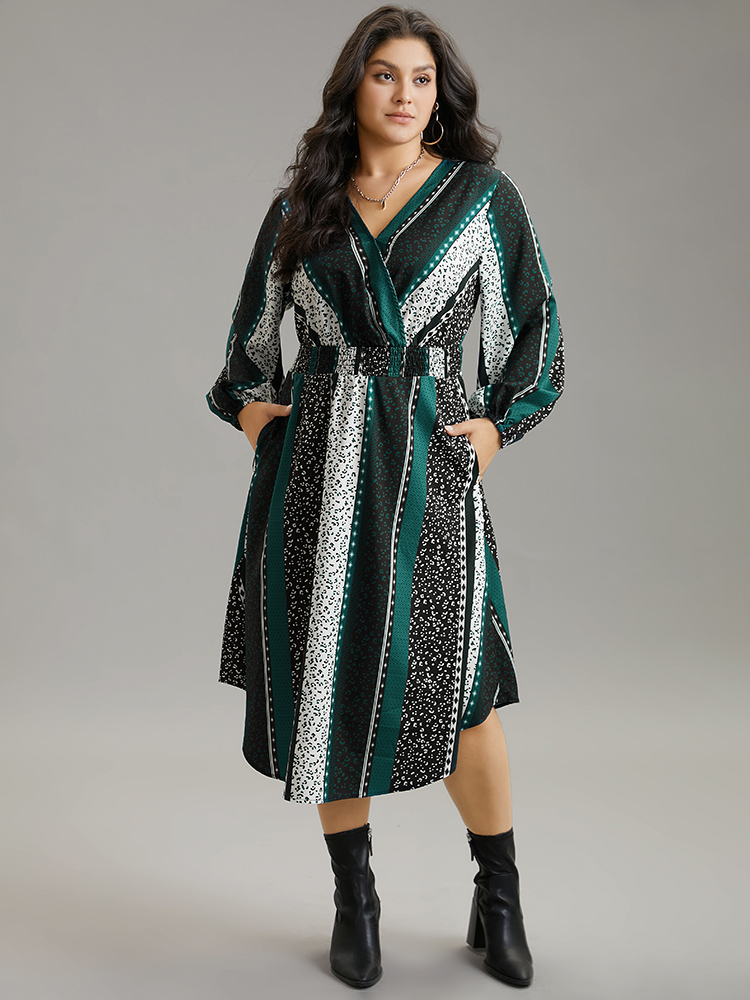 

Plus Size Boho Print Striped Shirred Wrap Dress Emerald Women Vacation Elastic cuffs V-neck Long Sleeve Curvy Midi Dress BloomChic