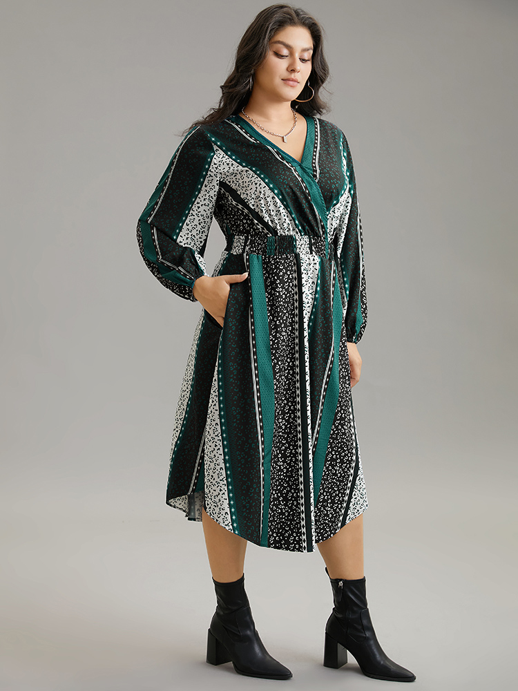 Plus Size Boho Print Striped Shirred Wrap Dress Emerald Women Vacation Elastic cuffs V-neck Long Sleeve Curvy Midi Dress BloomChic 14-16/1X 