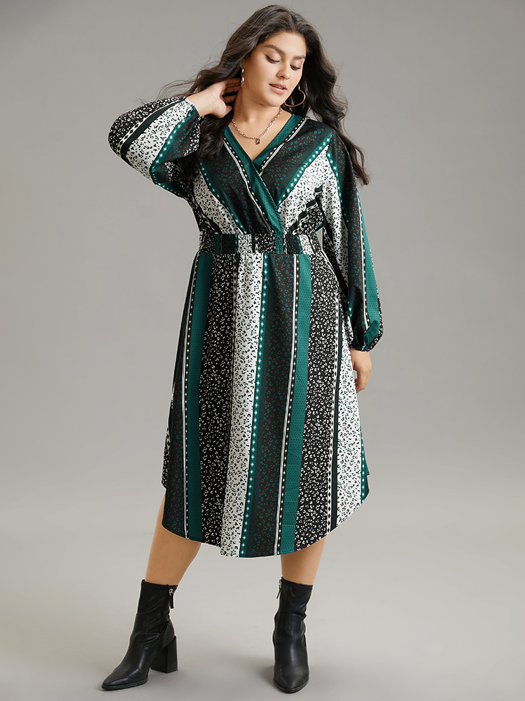 Plus Size Boho Print Striped Shirred Wrap Dress Emerald Women Vacation Elastic cuffs V-neck Long Sleeve Curvy Midi Dress BloomChic 14-16/1X 