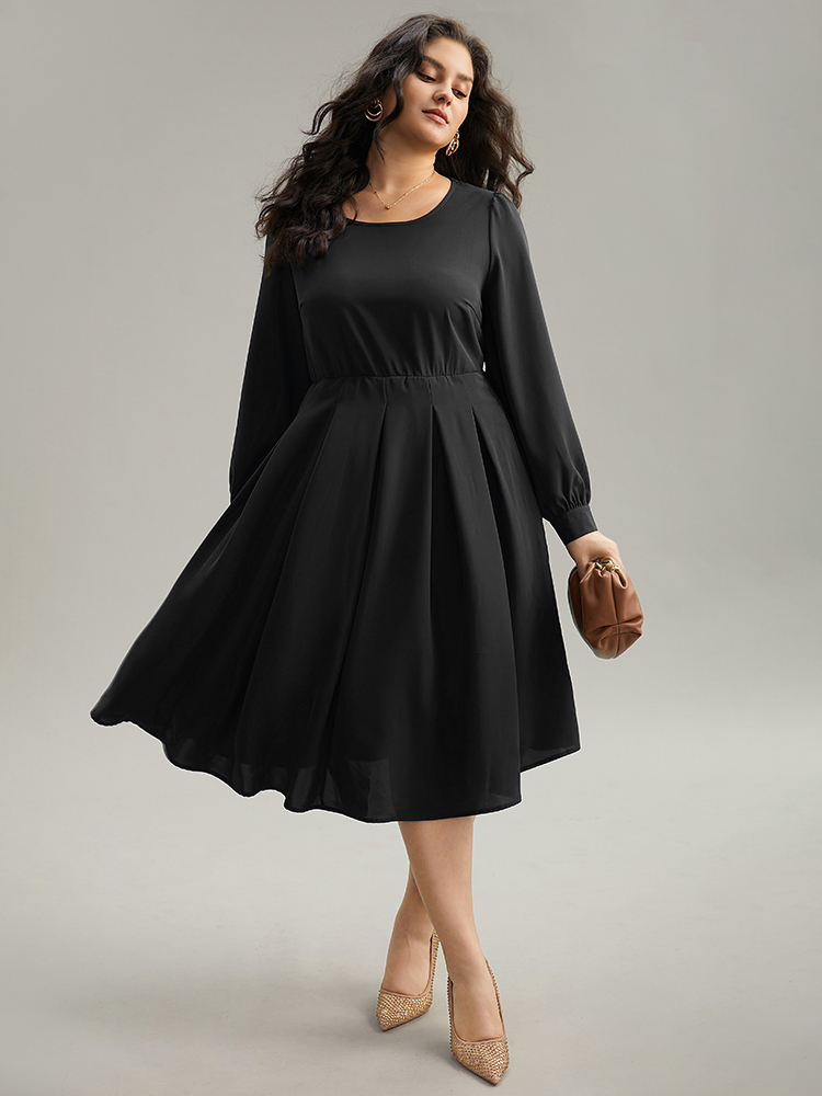 

Plus Size Static-Free Plain Pleated Pocket Dress Black Women Elegant Plain Round Neck Long Sleeve Curvy Midi Dress BloomChic