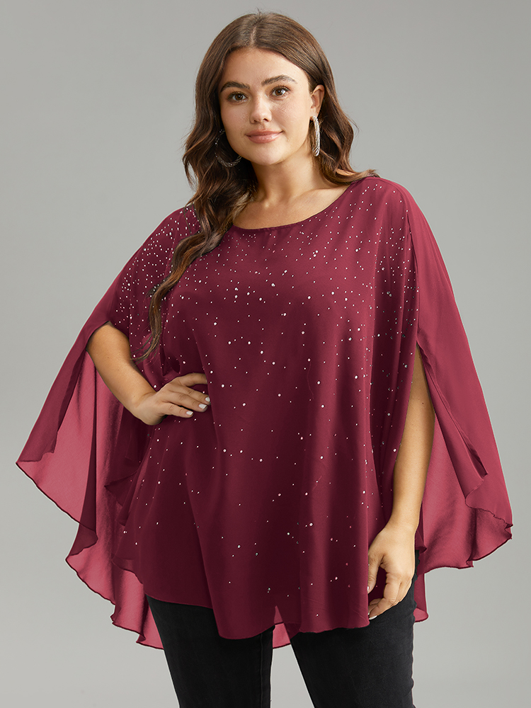 

Plus Size Scarlet Chiffon Rhinestone Split Dolman Sleeve Blouse Women Cocktail Elbow-length sleeve Round Neck Party Blouses BloomChic