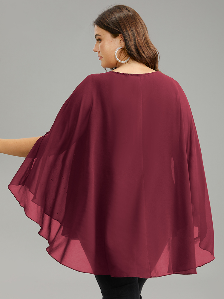 Plus Size Scarlet Chiffon Rhinestone Split Dolman Sleeve Blouse Women Cocktail Elbow-length sleeve Round Neck Party Blouses BloomChic 18-20/2X 