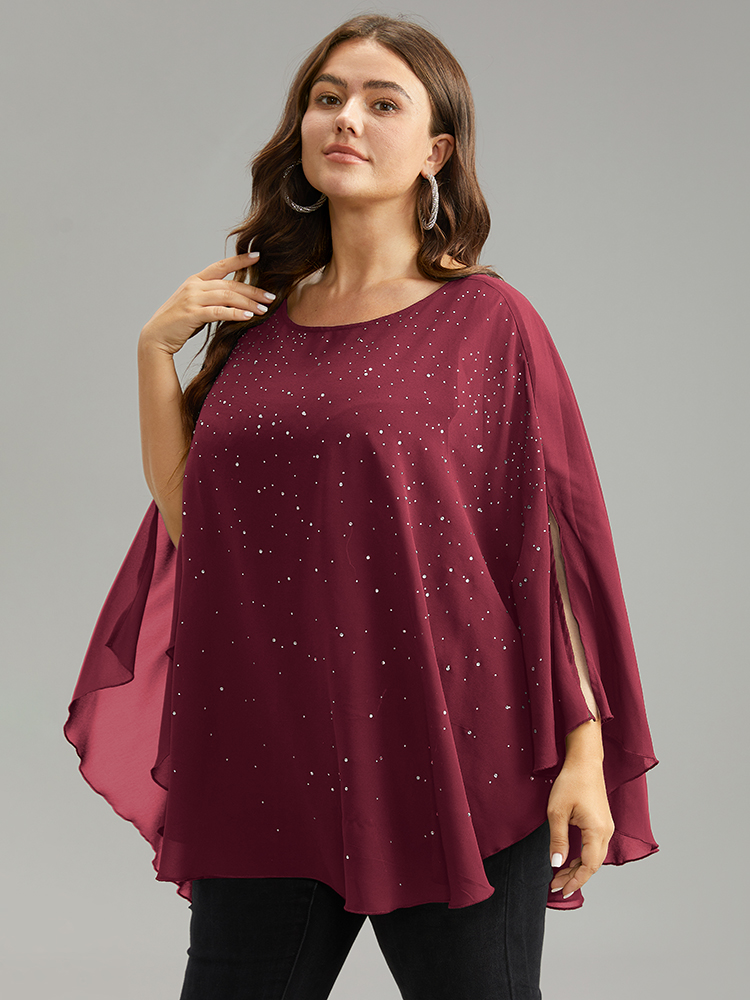 Plus Size Scarlet Chiffon Rhinestone Split Dolman Sleeve Blouse Women Cocktail Elbow-length sleeve Round Neck Party Blouses BloomChic 18-20/2X 