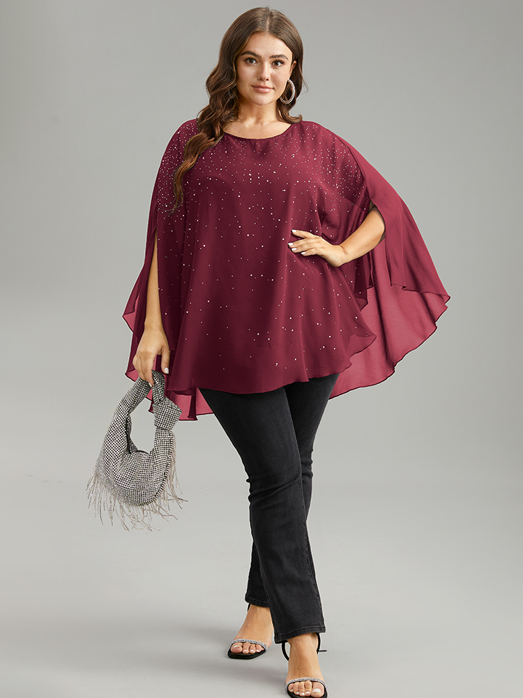 Plus Size Scarlet Chiffon Rhinestone Split Dolman Sleeve Blouse Women Cocktail Elbow-length sleeve Round Neck Party Blouses BloomChic 18-20/2X 