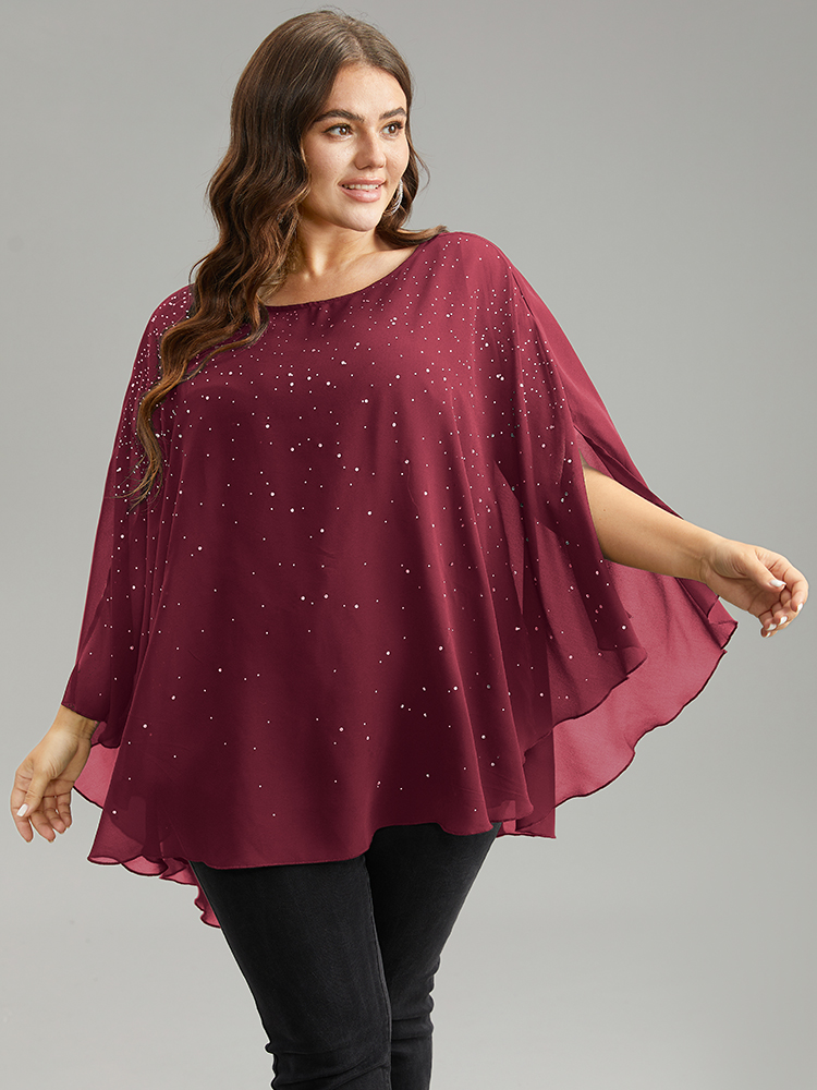 

Plus Size Scarlet Chiffon Rhinestone Split Dolman Sleeve Blouse Women Cocktail Elbow-length sleeve Round Neck Party Blouses BloomChic