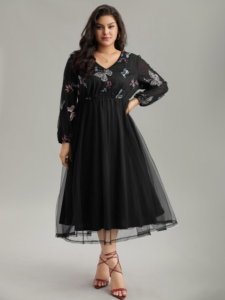 Plus Size Butterfly Embroidered Mesh Gathered Patchwork Dress Black Women Party Elastic cuffs V-neck Long Sleeve Curvy Midi Dress BloomChic 28/5X 