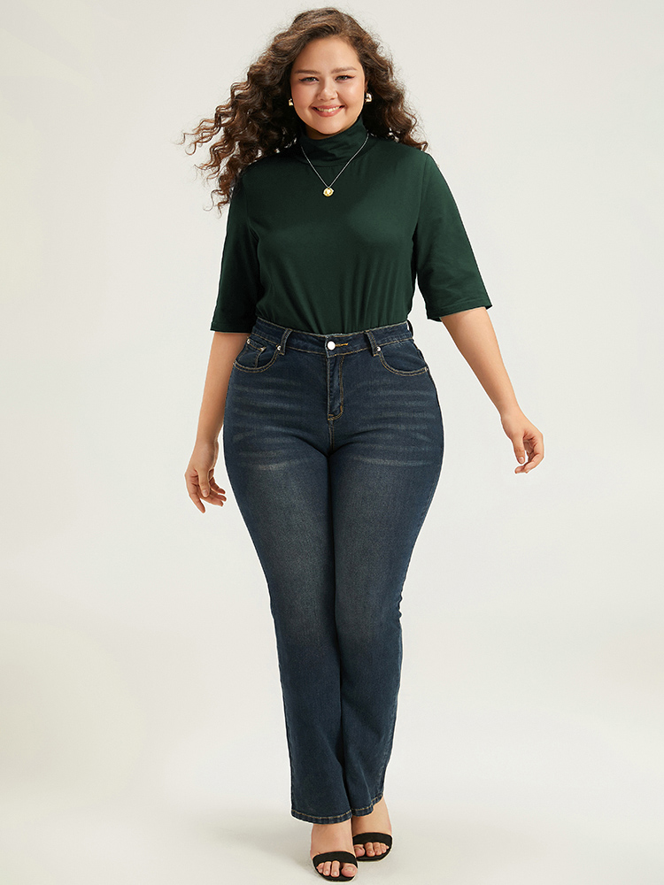 

Plus Size Cotton Plain Basic Turtleneck T-shirt DarkGreen Women Elegant Plain Plain Turtleneck Dailywear T-shirts BloomChic